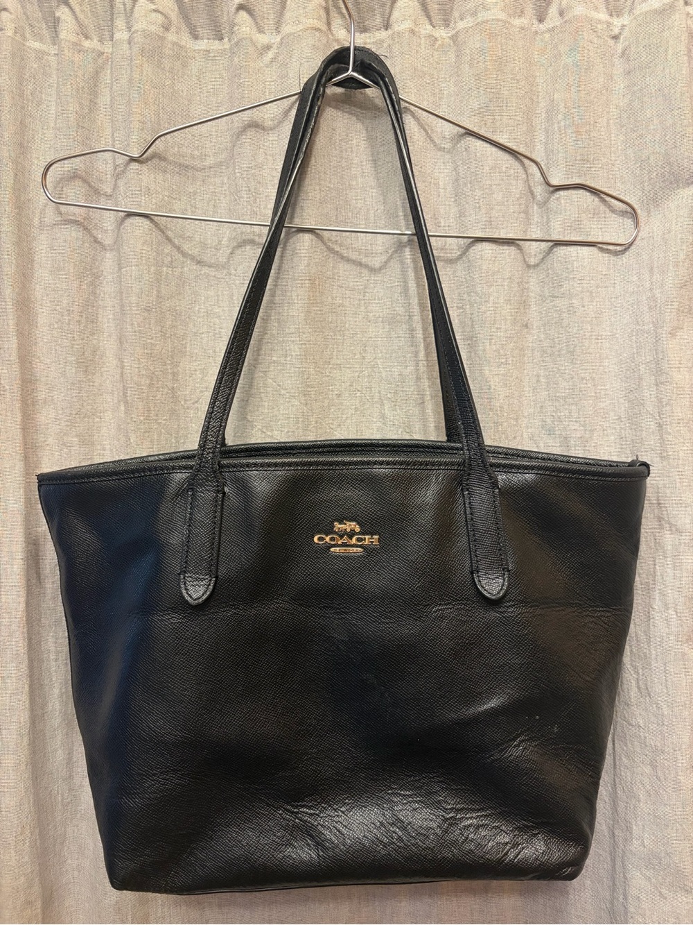Coach Black Leather Tote Bag with Gold Logo